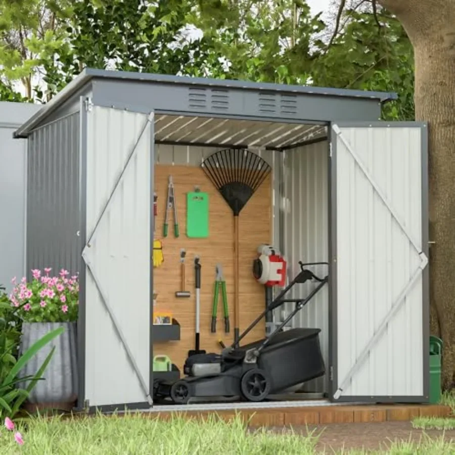 Outdoor storage shed for garden, backyard, patio: aluminum frame, weatherproof metal construction with frame floor, lockable do