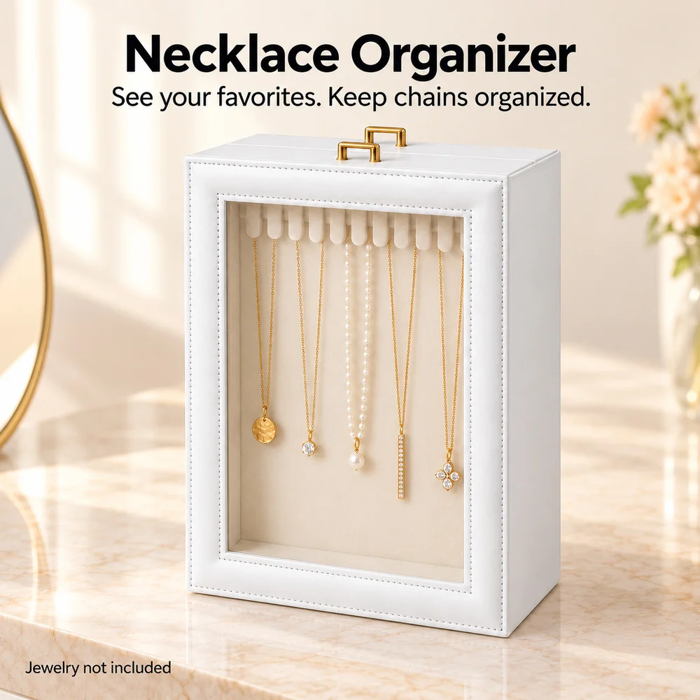 Zoe Necklace Organizer Jewelry Display Case With Clear Windows Hanging Storage And Pull Up Trays For Dresser Vanity And Countertop