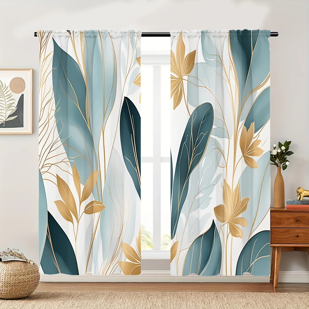 Bedruckte Blätter Gold Botanische Vorhänge aus Polyester Maschinenwaschbar für Schlafzimmer Wohnzimmer Küche Büro Arbeitszimmer Moderne Deko-Gardinen