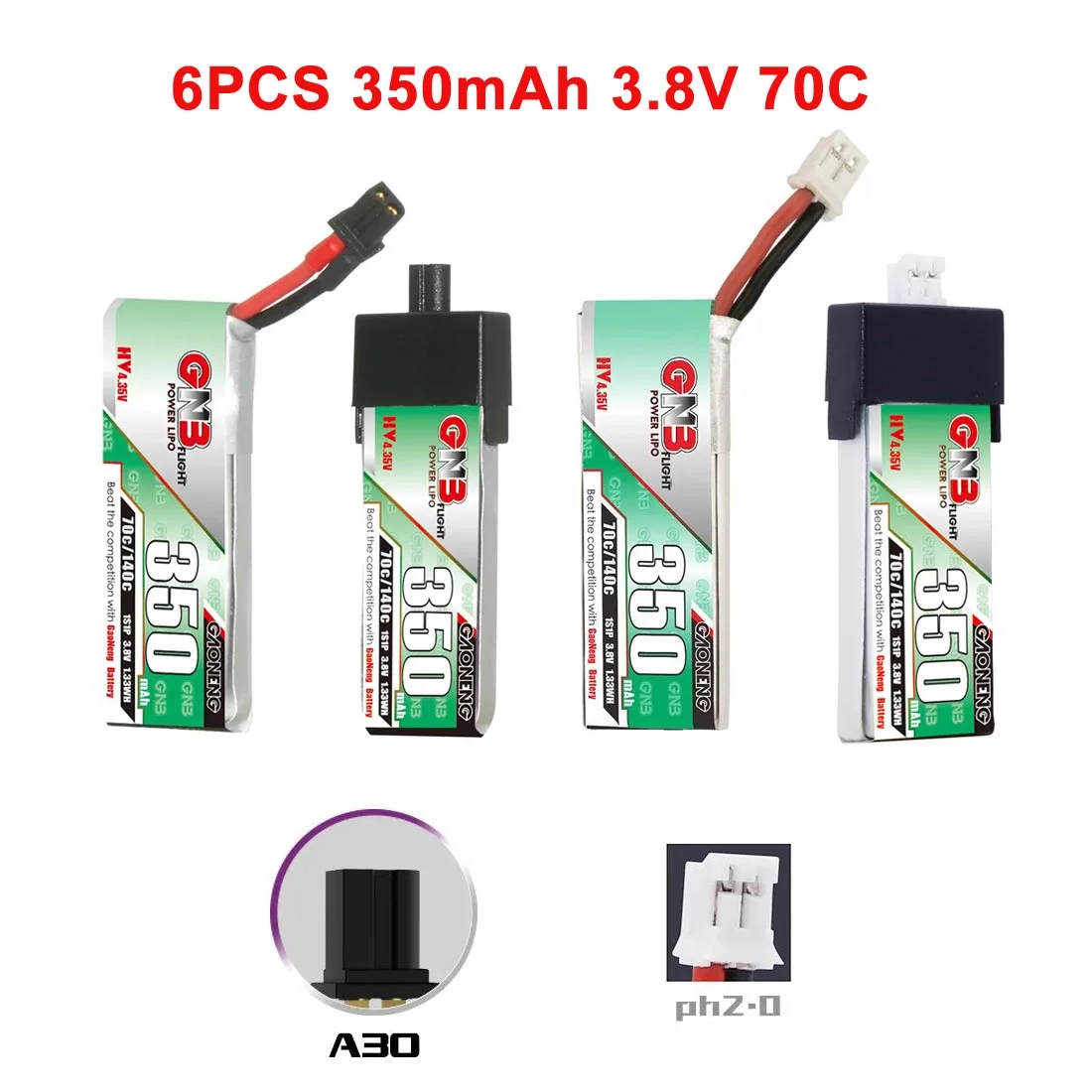 6PCS GNB 1S 350mAh 3.8V 70C/140C 4.35V HV Lipo Battery PH2.0 A30 Plug for BetaFPV 65S UK65 Blade Inductrix UR65 Tiny Whoop Drone