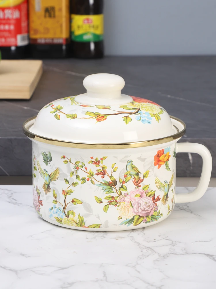 

Большая эмалированная супница с крышкой, винтажная чаша для лапши быстрого приготовления, ланч-бокс для студентов, эмалированная посуда с цветочным узором