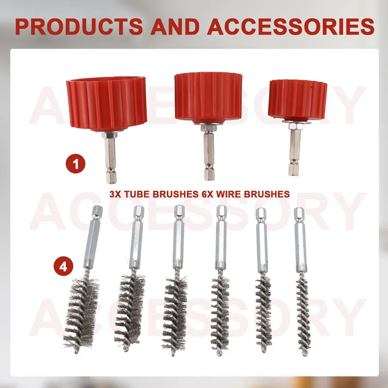 Copper Pipe Cleaner Set para Power Drill, Escova De Limpeza De Tubo, Limpe Tubos De Tubos De Cobre e Acessórios para Solda