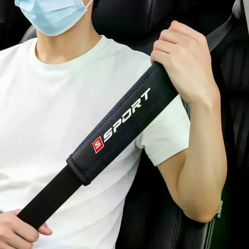 Car Seat Belt Shoulder Pad PU Leather Soft Comfortable Cushion Sport Logo Print For Daily Driving Long Trips Fits Most Cars view 3