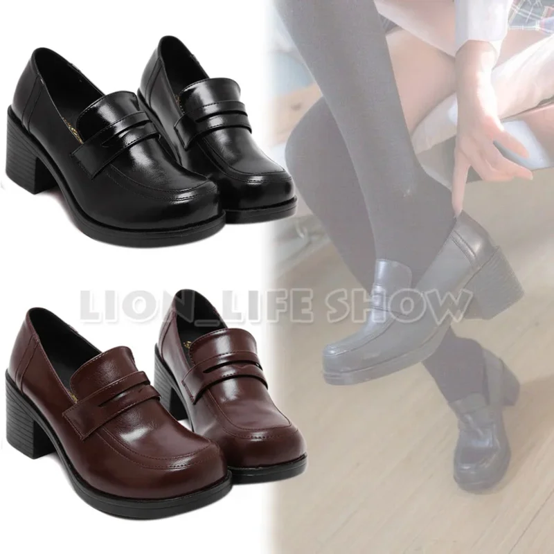 Universal Women Japanese School Uniform Student JK Leather Block High Heel Shoes for Cosplay Uniform