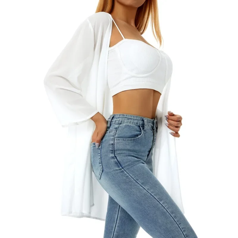 휴가 느슨한 카디건 솔리드 컬러 섹시한 비키니 비치웨어 수영복 여성 비치 선 스크린 커버 업 셔츠 우아한 긴 소매