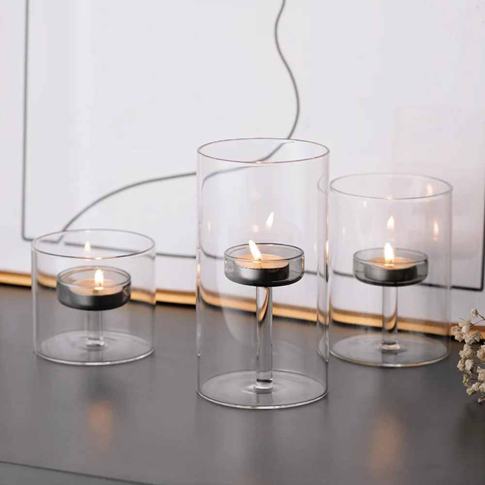 INS European-style Glass Candle Holder Transparent Heat-resistant Candlestick Solid Base Table Centerpiece Party