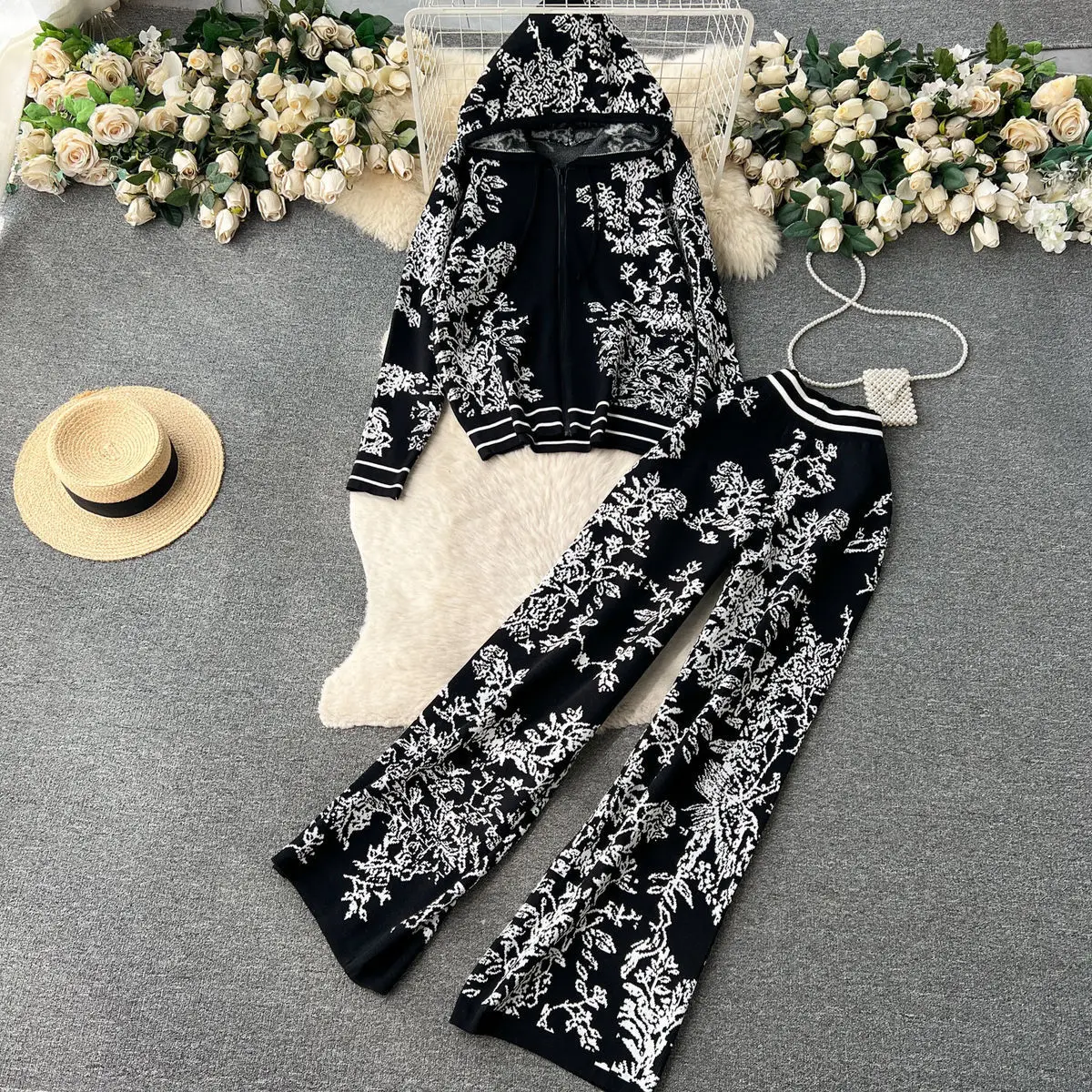 Autumn and Winter New Women's Set Casual Fashion Printed Hoodie Sweater+High Waist Wide Leg Pants Trendy