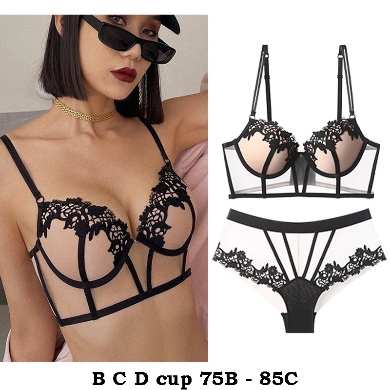 

high quality sexy women bras and brief set push up lace B C D cup comfortable wire summer lingerie underwear black white red