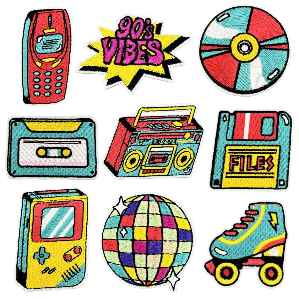 Appliques brodées thermocollantes rétro années 90 pour vêtements : Cassette, Disque, Radio, Game Boy Portable, Nostalgique Y2K
