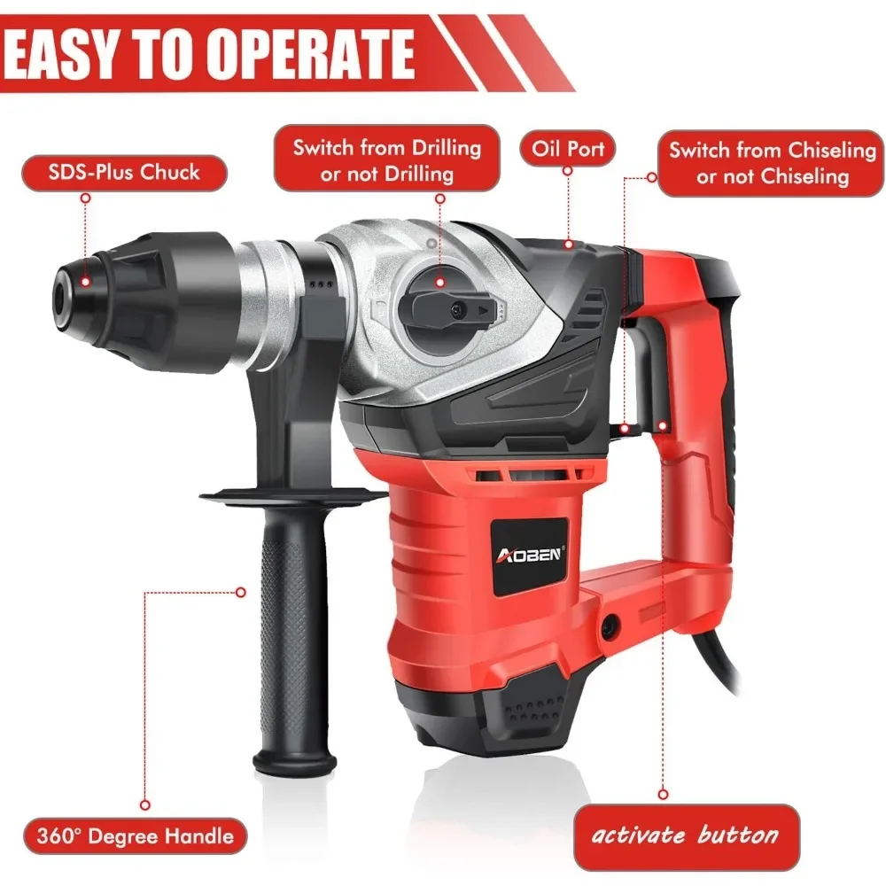 AOBEN Rotary Hammer Drill with Vibration Control and Safety Clutch,13 Amp Heavy Duty 1-1/4 Inch SDS-Plus Demolition Hammer