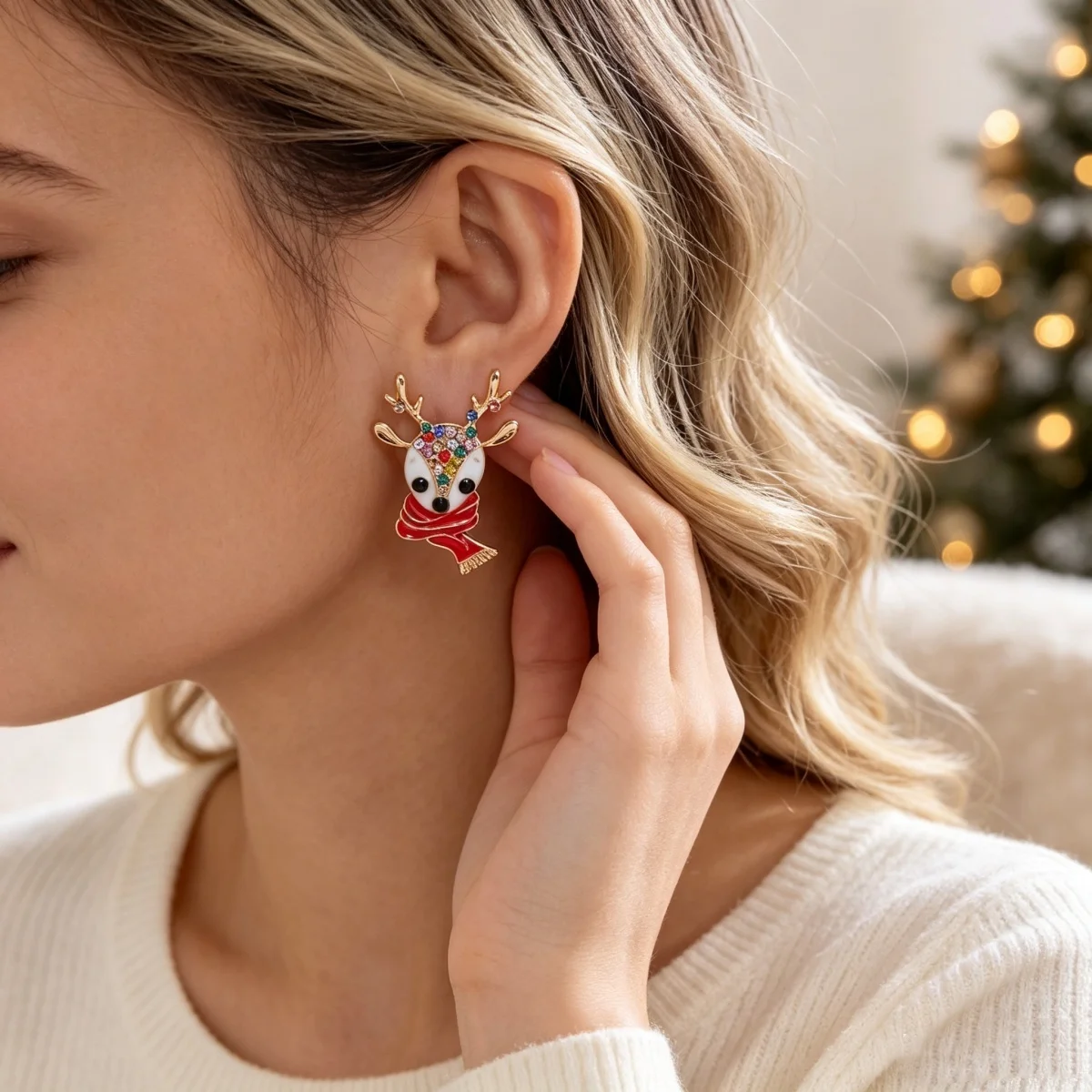 Weihnachtliche Zierliche Ohrringe mit Rotem Schal und Hirschmotiv für Damen, Bunte Strass-Rentier-Elch-Tier-Ohrringe, Neujahrs-Schmuck – Detail 9