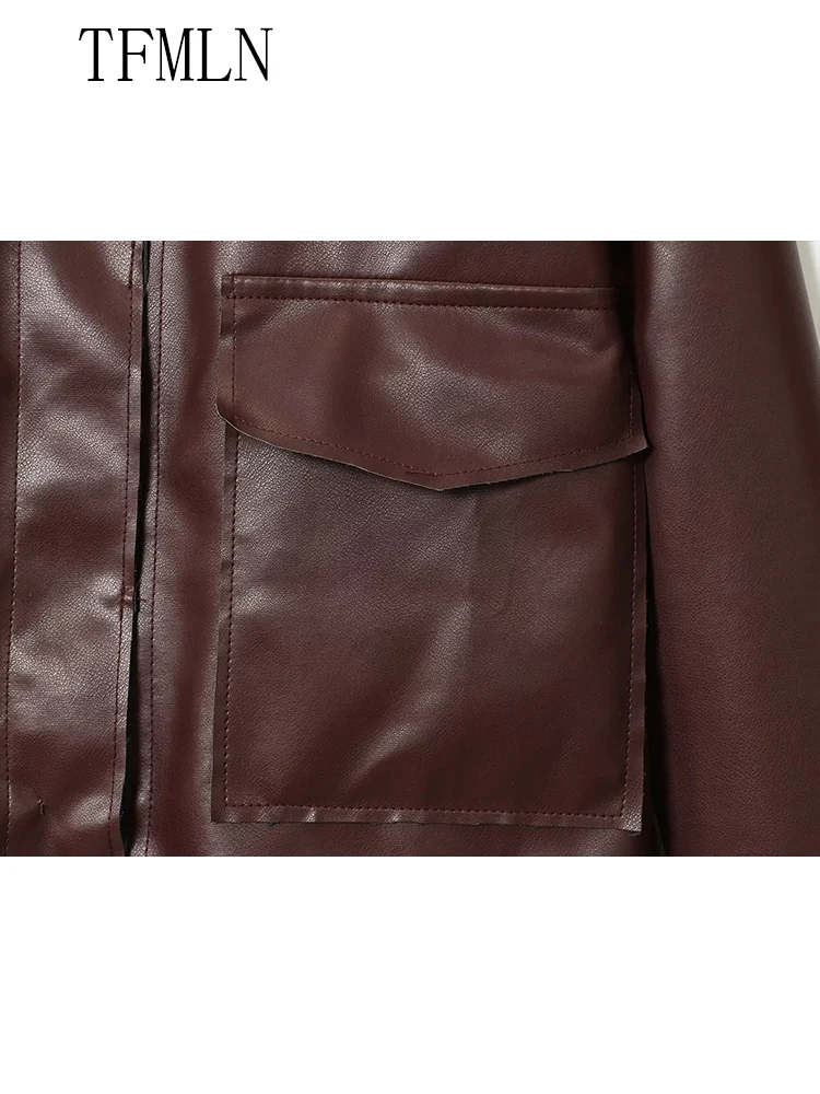 TFMLN Fashion Women Faux Leather Solid Jackets 2025 Autumn Lapel High Street Outwear Chic Single Breasted Pockets Cropped Coats