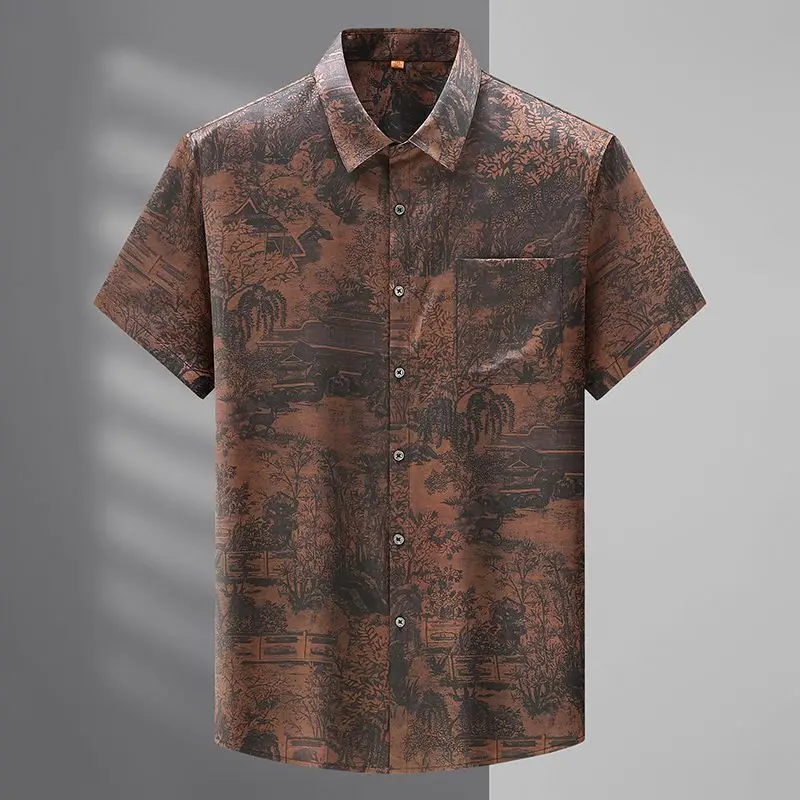Men's Trendy Short-sleeved Shirt with Fat Plus Size Trendy Fat Extra Size Loose Thin Shirt with Trendy