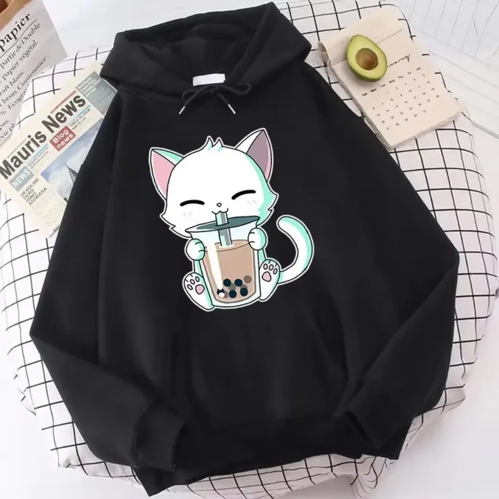 Boba Milk Tea Print Women Hoodies Clothes Kawaii Women's Sweatshirt Cartoon Fox Graphic Female Streetwear Unisex Hooded Pullover