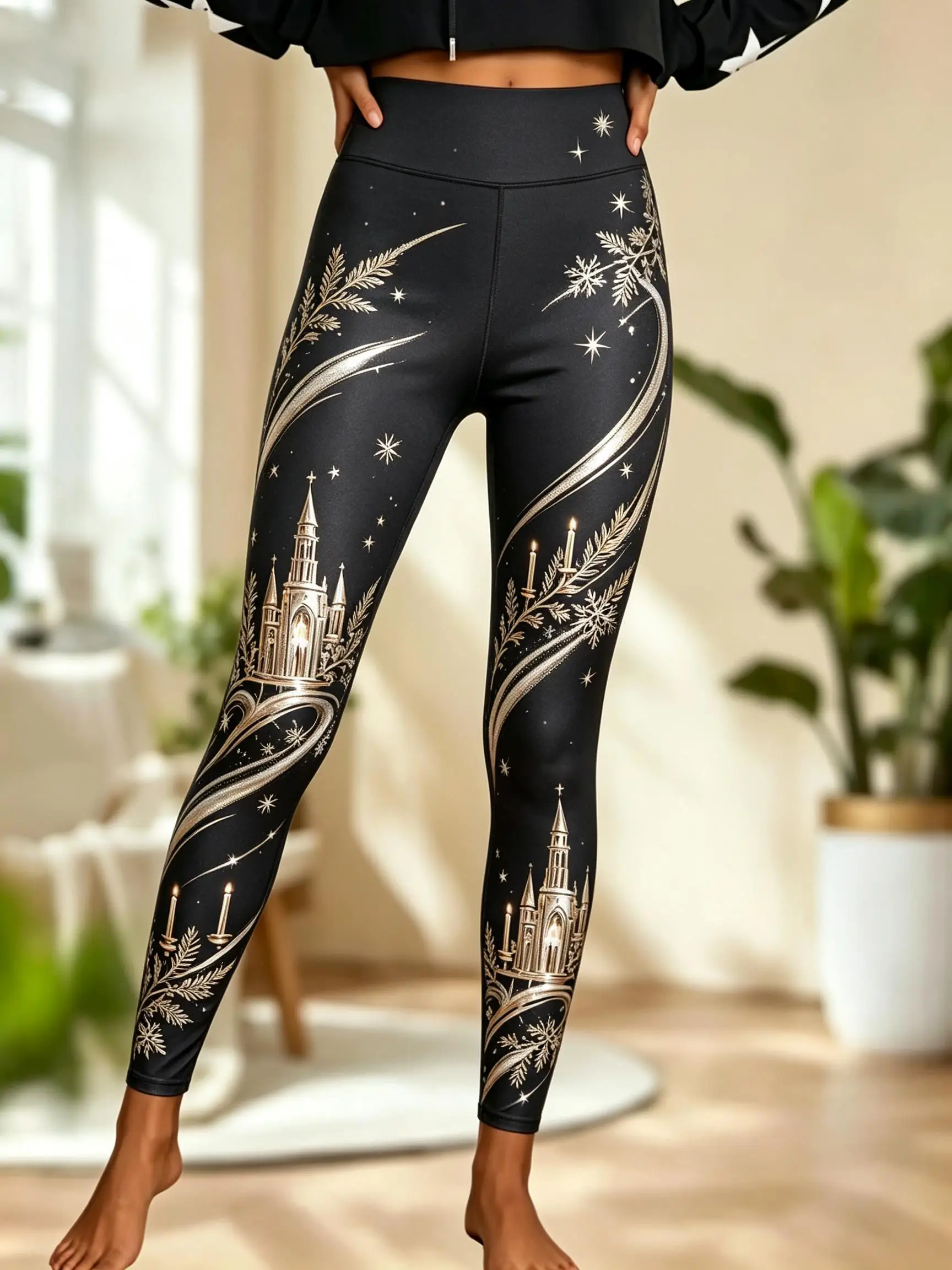 Women Mid Waist Fleece Lined Leggings Purple Gold Castle Starry Magic Print Slim Stretch Holiday Party Cosplay Trousers
