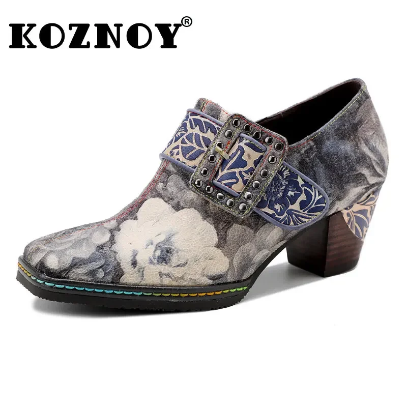 Koznoy Women Multi-colored Shoes 7cm Print Cloth Sewing Ethnic Summer Women Big Size Fashion Ladies Block Heels Novelty ZIP