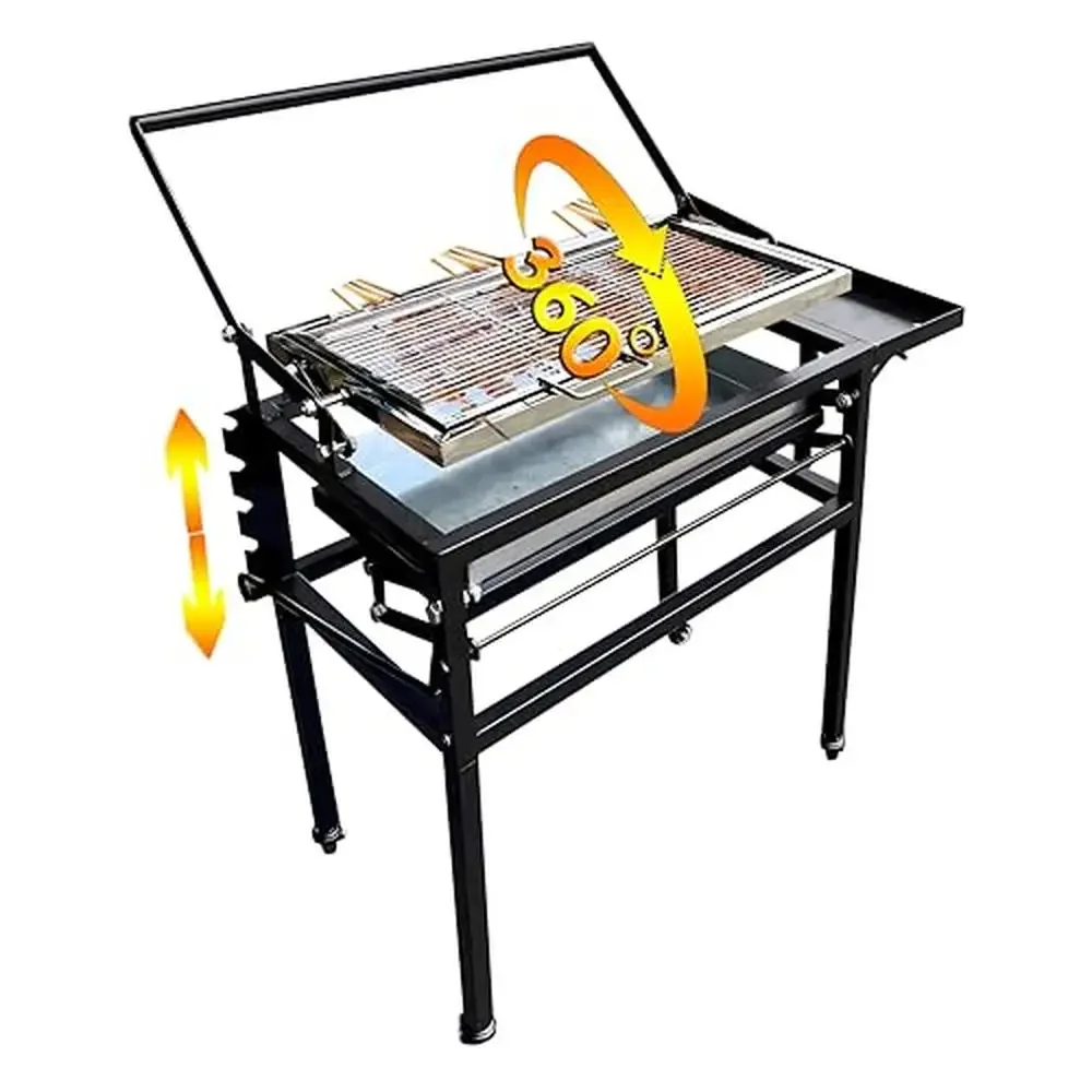 Portable Charcoal Grill with Adjustable Cooking Grid and Seasoning Rack Heavy Duty Outdoor BBQ Grill Grilling Smoking Roasting