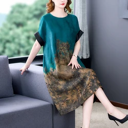 Summer Blue Print Natural Silk Midi Dress Women Elegant Loose Waist Short Sleeve Dress 2024 Korean Vintage Casual Party Dresses