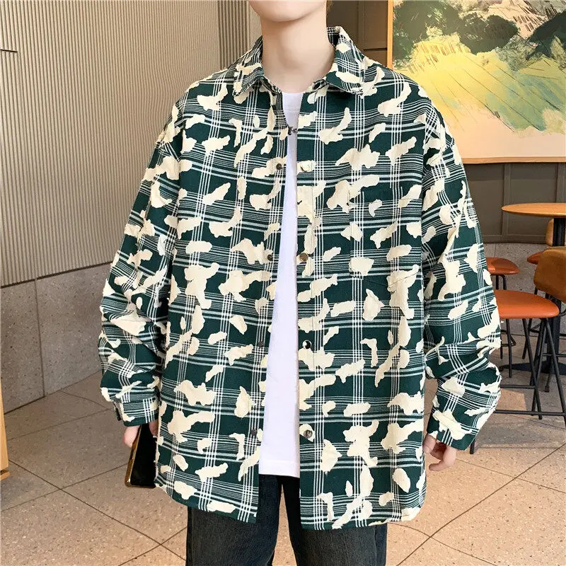 Casual Men's Cotton Plaid Shirt Jackets Streetwear Long Sleeve Checkered Shirts Coat Youth Button-Down Design Loose Top Clothing