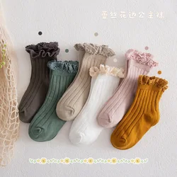 Calcetines largos de encaje con volantes para bebé y niña, medias de estilo español con lazos de flores, tejido pesado hasta la rodilla, de Navidad, 24 pares