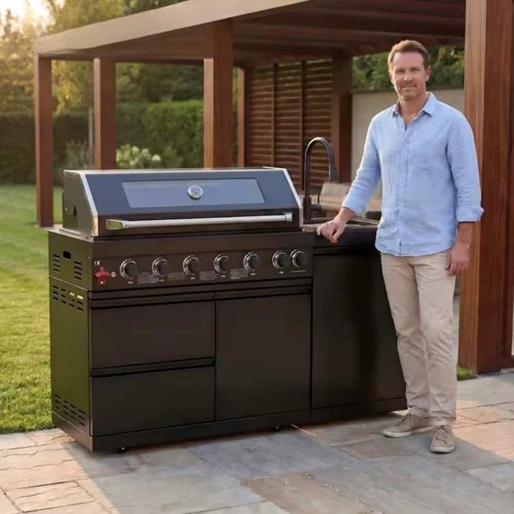 Customized Outdoor Kitchen BBQ Bar Island Stainless Steel Gas Grill Equipped with Sink and Faucet for Villa Outdoor Area