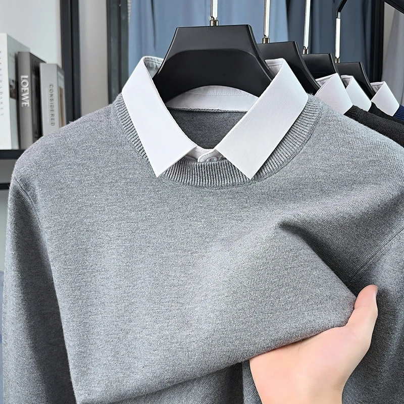 High Quality autumn new knitted pullover men's fashion fake two-piece luxury shirt collar skin friendly comfort casual sweater