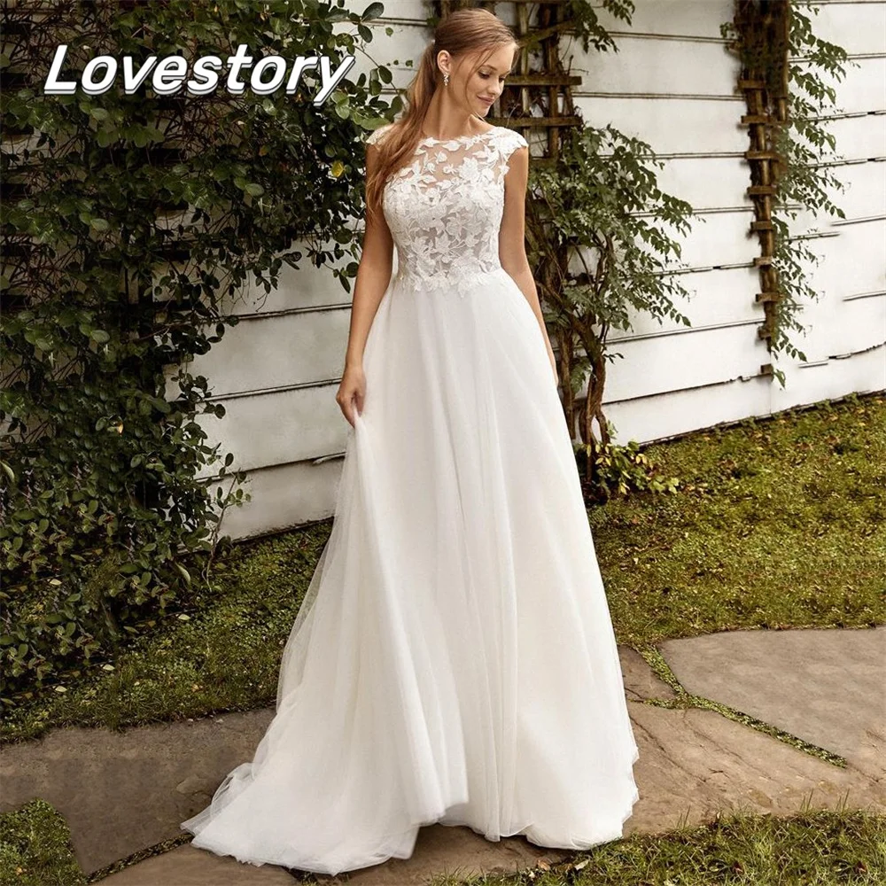 

Wonderful A-Line Wedding Dresses Sleeveless Bride Robe Scoop Neck Bridal Gown Backless Buttons Appliques Lace Vestidos De Noiva