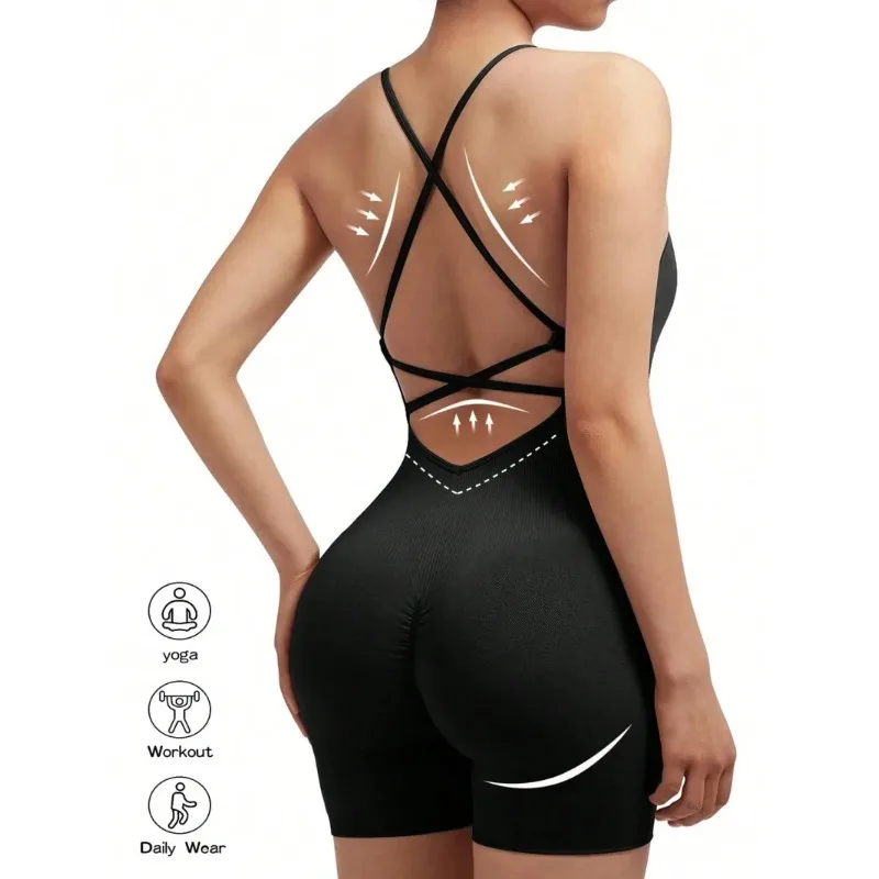 Sexy Fitness Jumpsuit Women Cross Adjustable Sports Playsuit Running One Piece Yoga Suit Scrunch Shorts Backless Set Romper