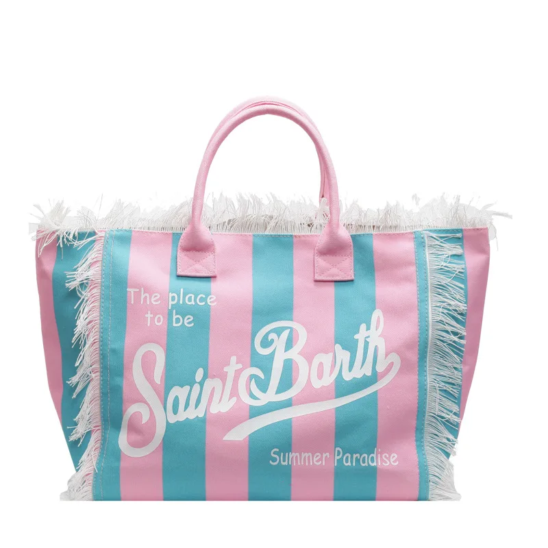 

Canvas Shopping Bags Striped Canvas Saint Barth Women's Bag Tassel Fashion Casual Handbag for Outdoor Canvas Shoulder Bag