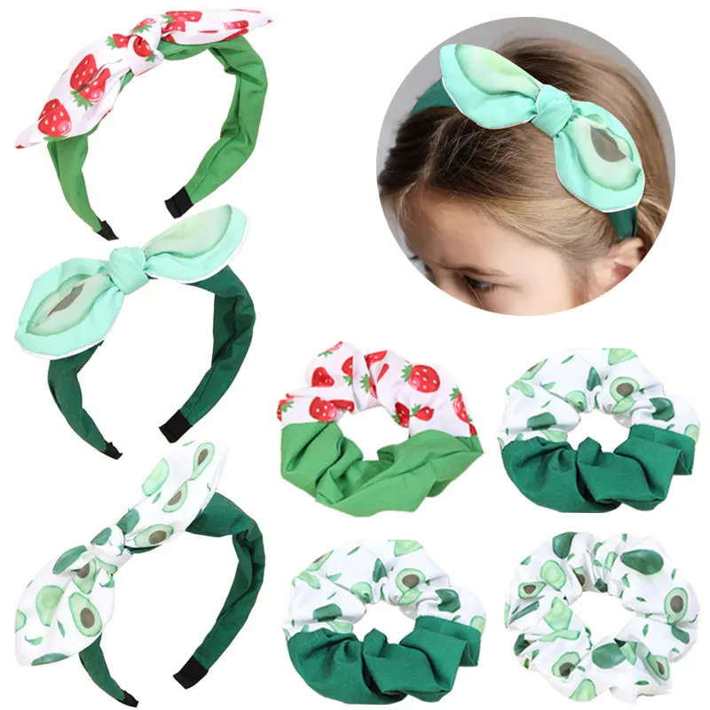 

2PCS New Strawberry Print Headband For Kids Boutique Avocado Hairbands Elastic Rubber Hair Hoop Girls Ponytail Holder Scrunchies