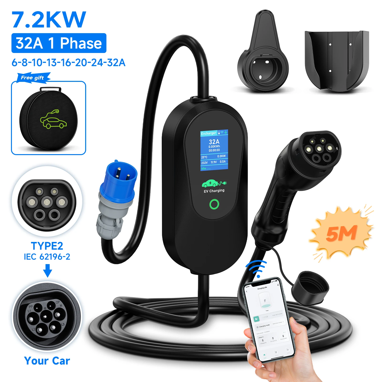 AFYEEV 3,6 kW draagbaar type 2 IEC62196-2 EV-oplader 7,2 kW elektrische autolader WiFi Bluetooth APP afstandsbediening verzending vanuit EU - afbeelding 1