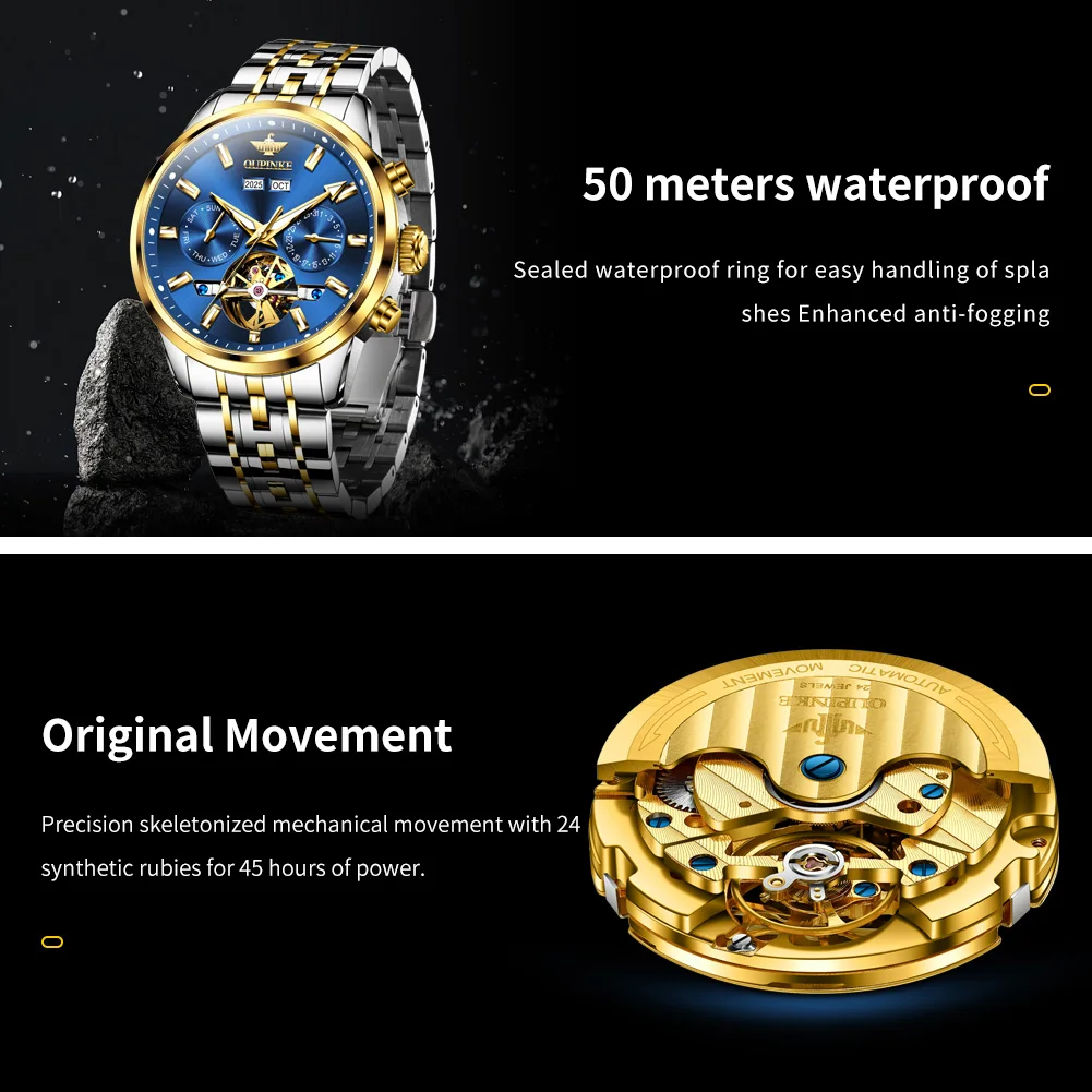 OUPINKE 3296 Men Hollow Automatic Mechanical Watch Top Brand Business Calendar Perpetual Calendar Sapphire Waterproof Men Watch