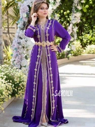 Fashion Beaded V-neck Evening Dresses Elegant Moroccan A-line Bridal Dress Caftan Long Sleeve Plus Size Gown Robe De Mariée