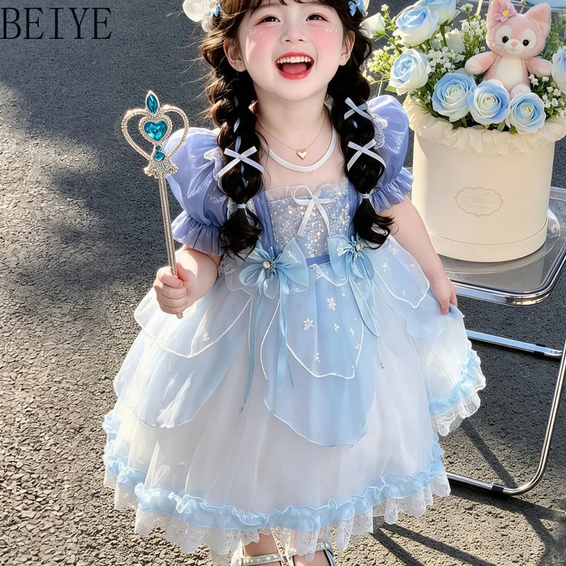 Girls Blue White Lolita Princess Dress Puff Sleeve Sequin Mesh Tulle Tutu Dress Kids Bow Print Birthday Party Fairy Costume