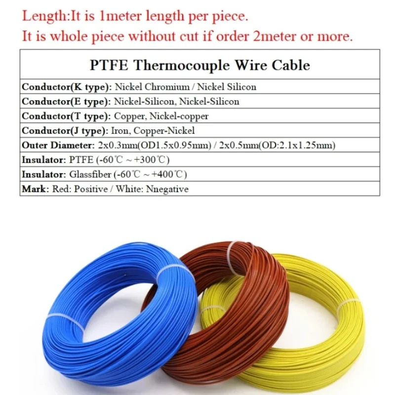 1M K J T Type Thermocouple Wire 2 Cores PTFE Insulator Shielded Line High Temperature Measuring Compensation Cable