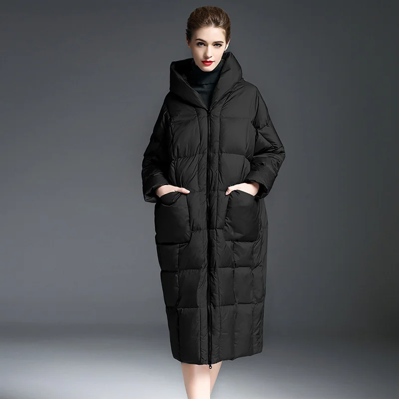 High-End-Mode verdickte lange Damen Daunen jacke neue Winter über Knie Kapuze 90 weiße Enten Daunen Damen mantel