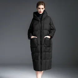 High End Fashion Thickened Long Women's Down Jacket 2023 New Winter Over Knee Hooded 90 White Duck Down Women's Coat