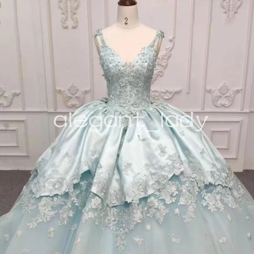 vestido verde menta Quinceanera Dresses 3D Floral Applique Lace Stain Tutu V-neck Princess Corset vestido de baile de quinceañer