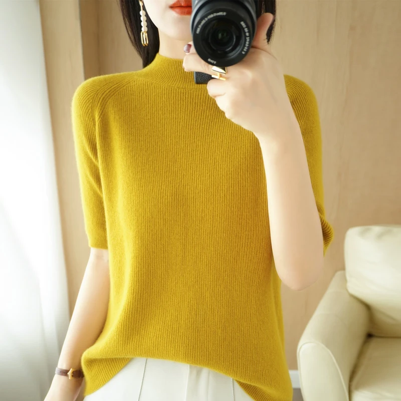 Frauen Mode Pullover 2022 Neue Hälfte Rollkragen Einfarbig Fünf-punkt Hülse Gestrickte Bodenbildung Pullover Dünne Koreanische Trend top