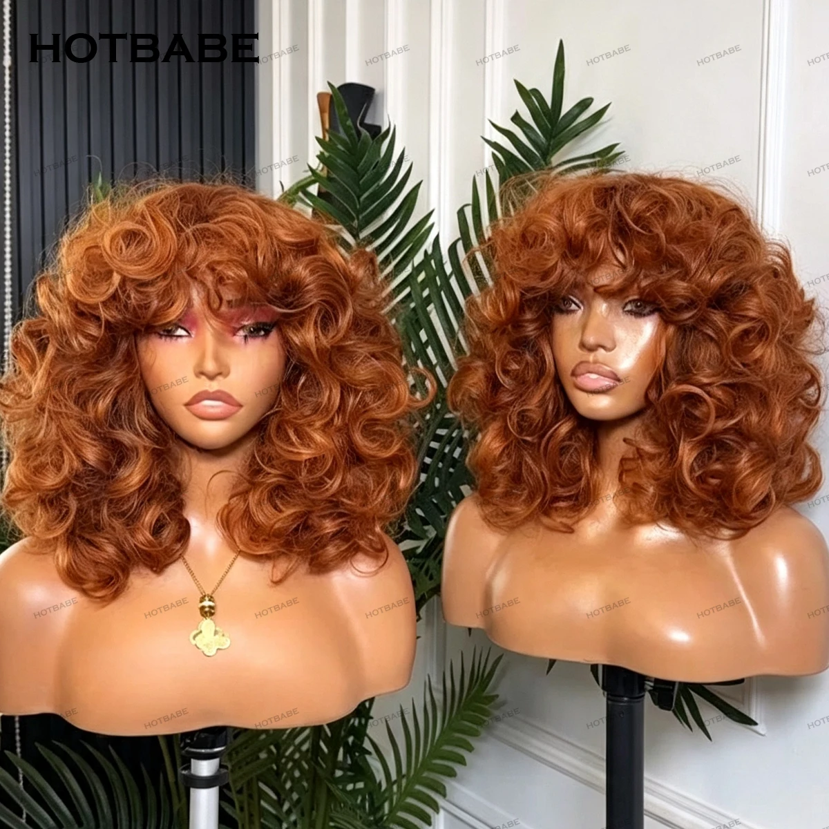 350 Ginger Or Natural Black 100% Human Hair Wigs Full Machine Made Curly 300% Density Bangs Bouncy Curly Glueless Wigs For Women