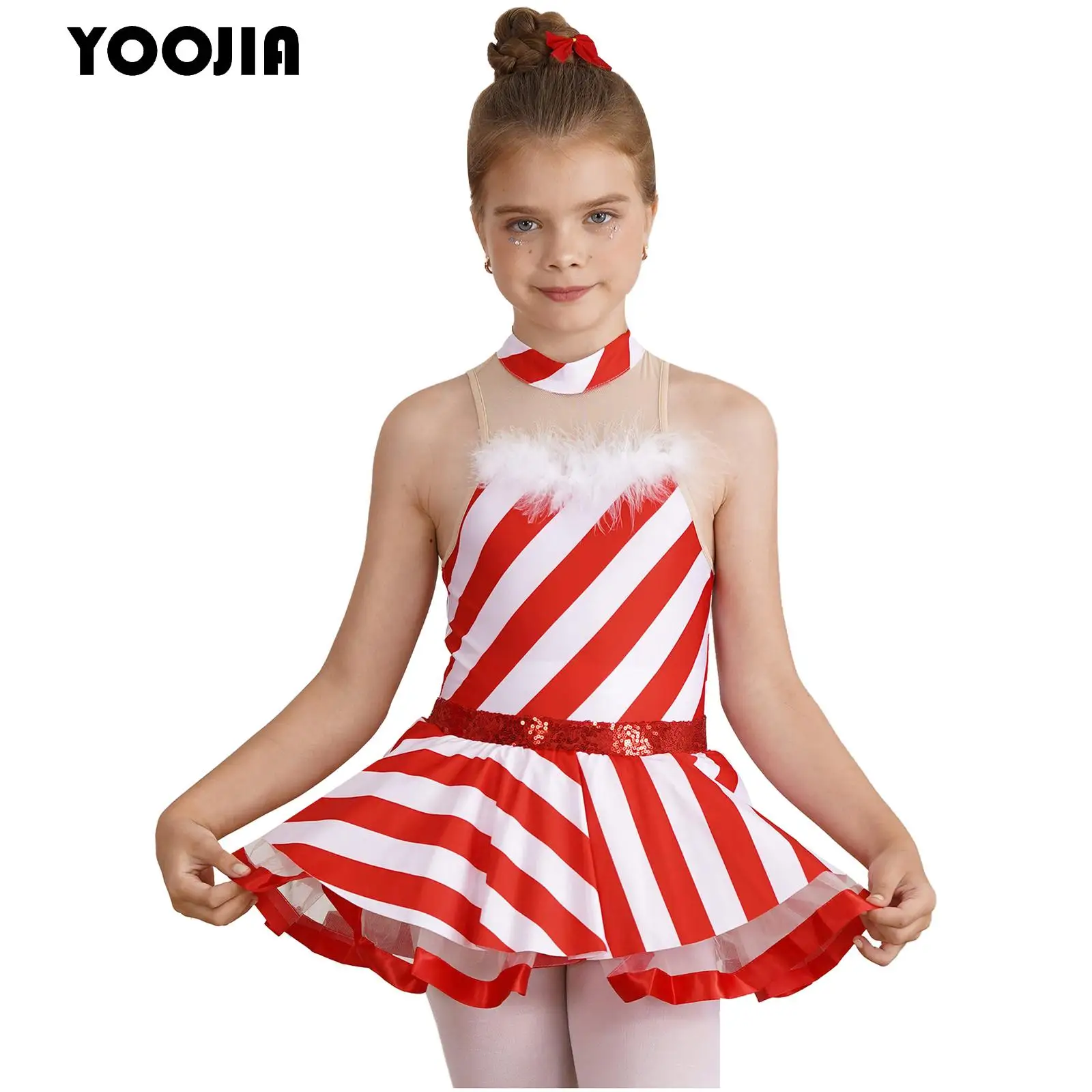 

Kids Girls Christmas Ballet Dance Tutu Dress Candy Cane Striped Sequins Circus Mrs Santa Claus Costume Skating Leotard Dancewear
