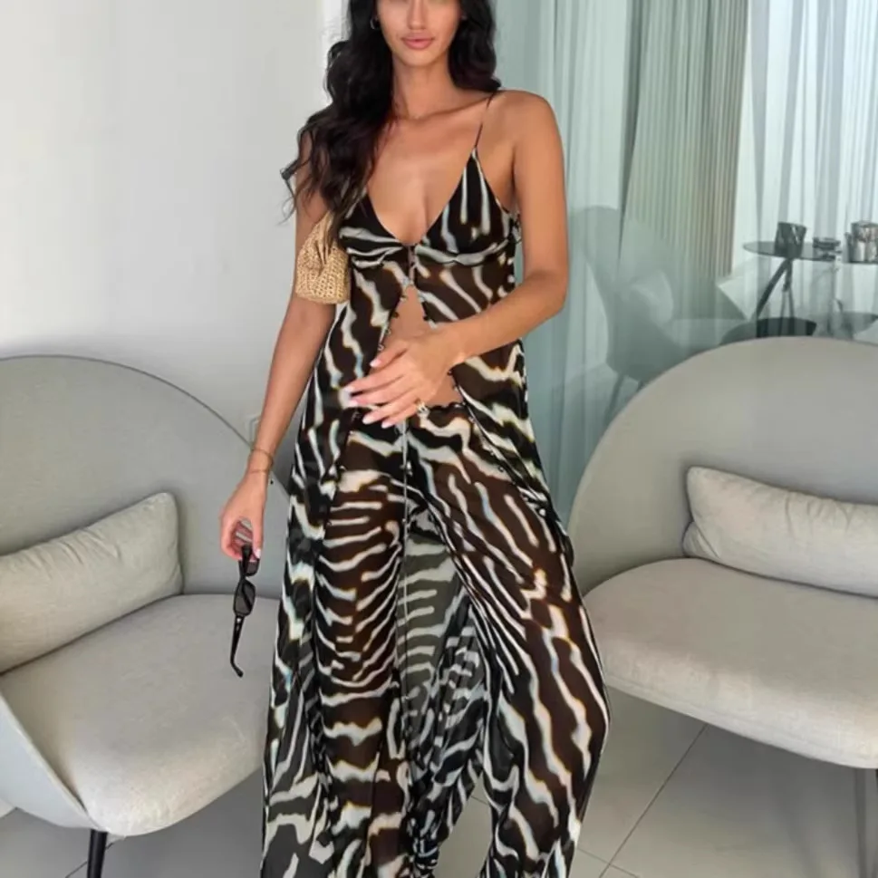 2026 Women Chic Vacation Outfits Fashion Zebra Print Sheer Chiffon Pants Set Casual V-neck Maxi Slip Tank Top & Wide-leg Pants
