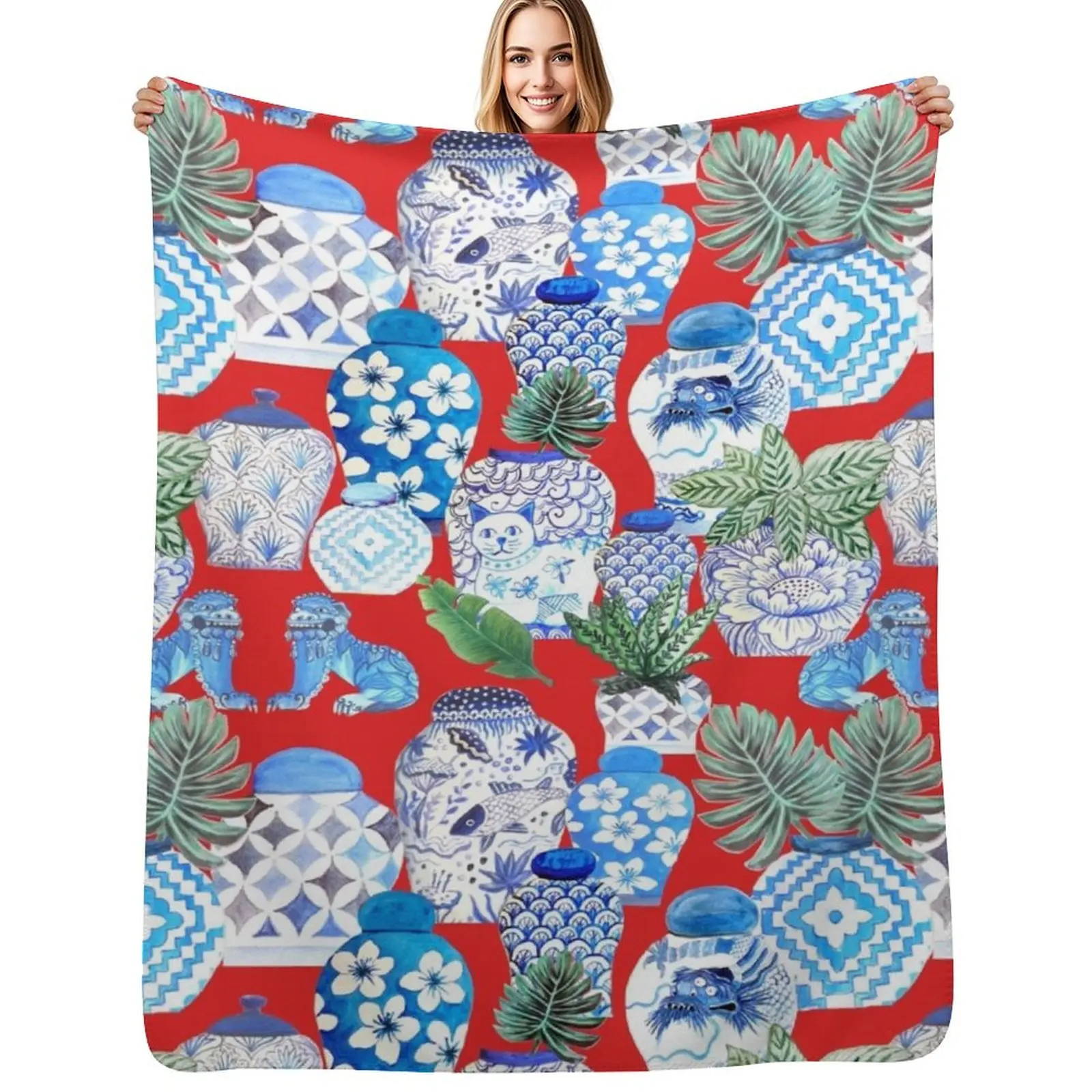 ginger jars in blue and white porcelainand foo dogs on red with palms Throw Blanket Stuffeds Luxury Throw Sofa Retros Blankets