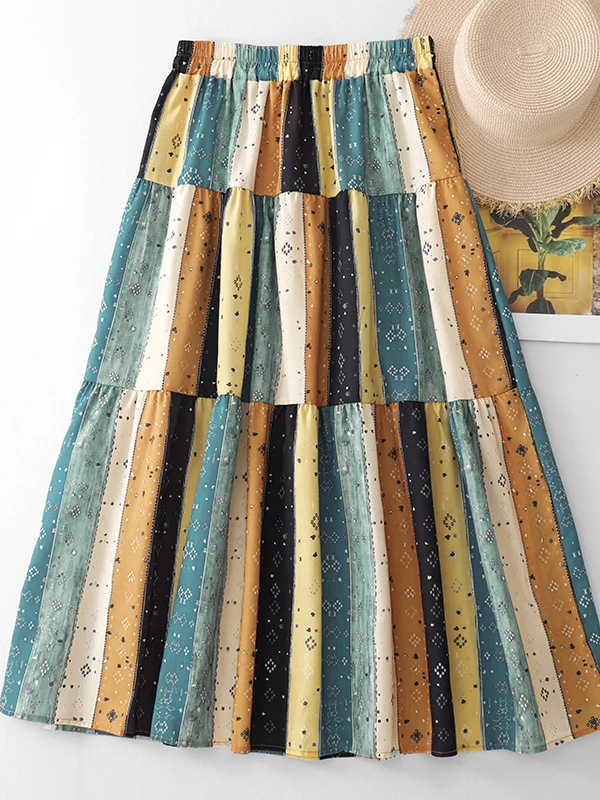 Bohemian Print Halter Neck  Dress Women's Summer Slim Fit A-Line Skirt Elastic Waist Cotton Gauze Cake Skirt