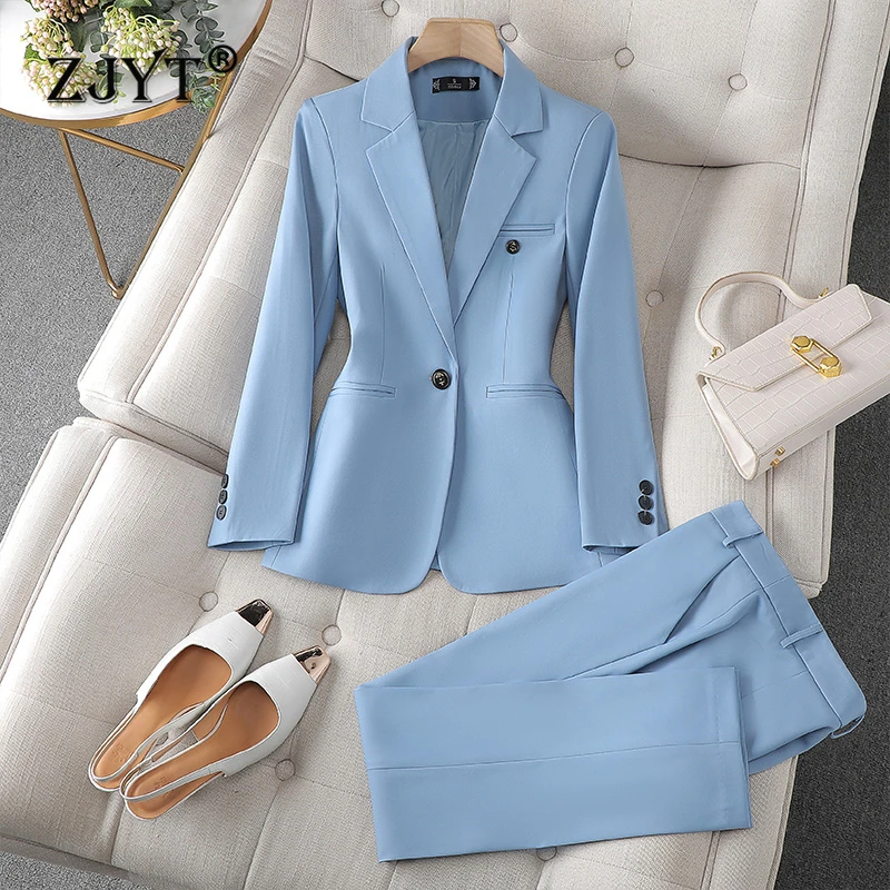 

ZJYT Business Chic Office Blazer Suits Pant Sets 2 Piece Womens Outfits Elegant Spring Plus Size One Button Jacket Trousers Set