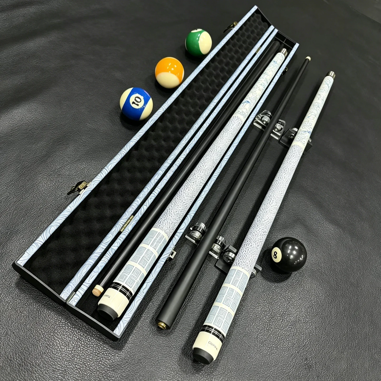 Premium American 9-ball pool cue set with 12mm tip, high-strength warp-resistant fiberglass shaft, ideal holiday gift.