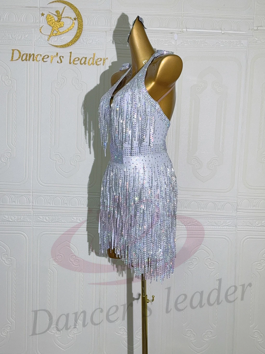 Ballerino latino per bambini adulti Abito da performance in pietra AB di fascia alta personalizzato argento bianco diamante striscia nappa tango samba