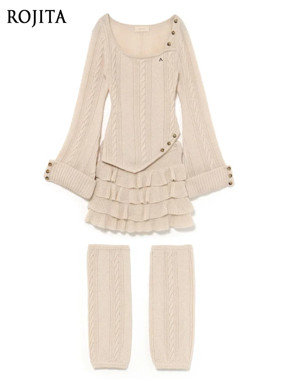 

Осень-зима японский облегающий вязаный пуловер нестандартной формы с круглым вырезом, свитер и полуюбка для торта, гетры, комплект из трех предметов