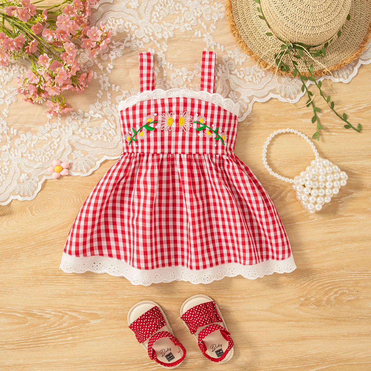 

Платье для маленьких девочек, летние хлопковые клетчатые цветочные вышитые кружевные платья на бретельках для девочек, милая повседневная пляжная одежда для маленьких девочек