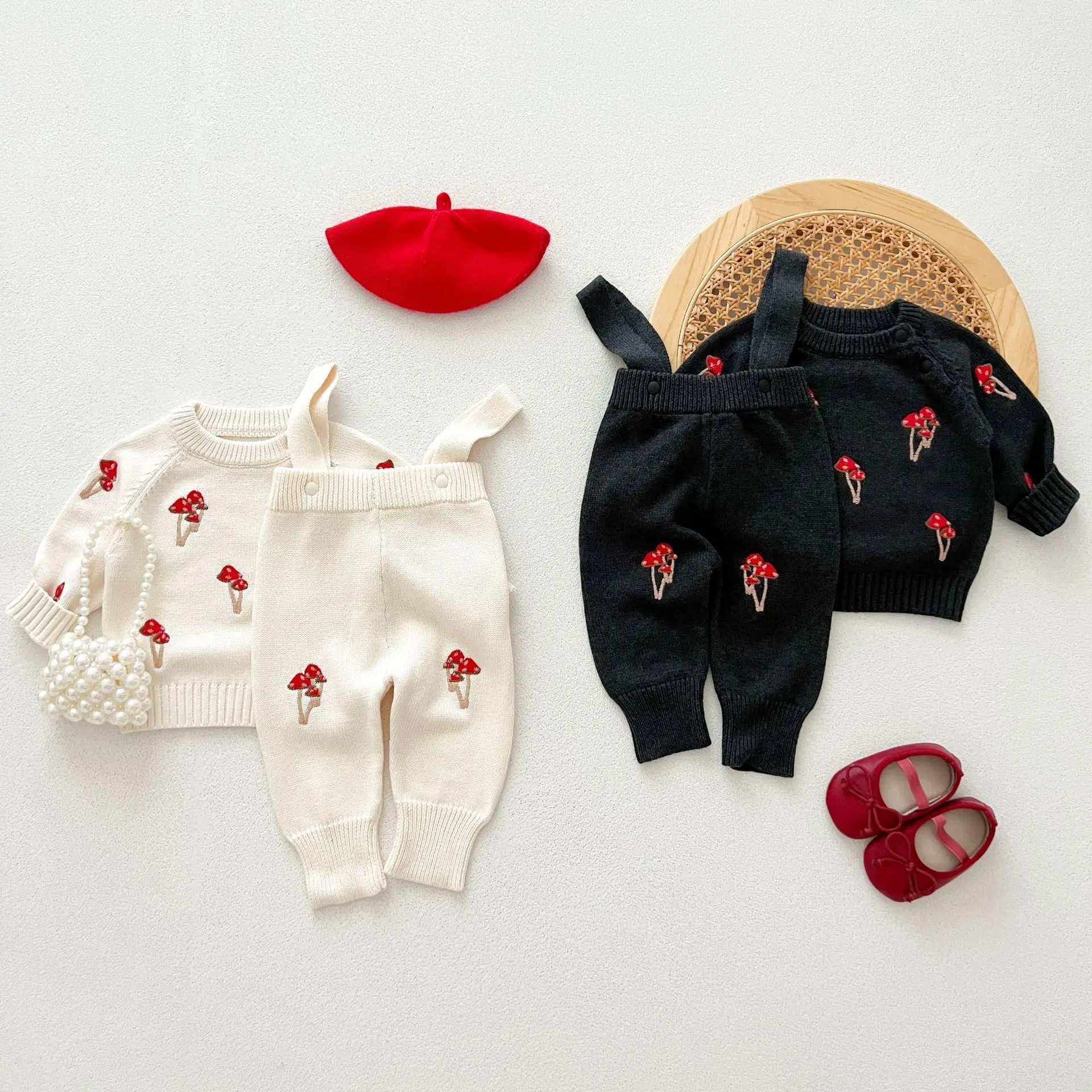 Autumn Newborn Infant Baby Girls Boy Knit Romper+Sweater Cartoon Embroidery Mushroom Rompers Kids Onepiece Fashion Baby Clothing